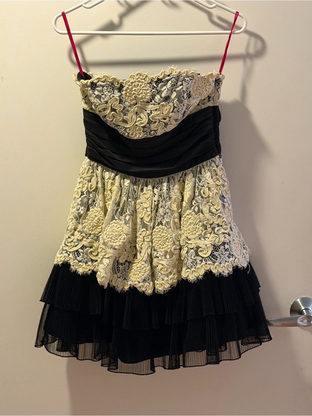 Vintage Y2K Betsey Johnson Black and Cream Lace Mini Dress with Bow